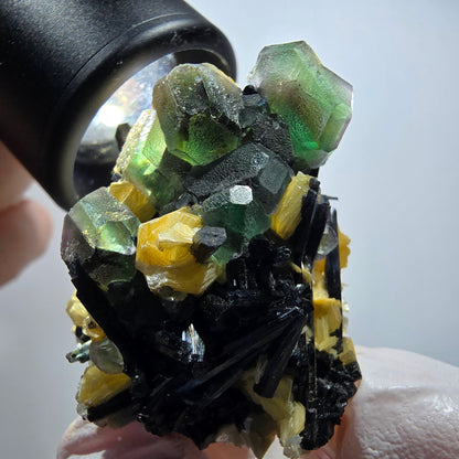 Phantom Fluorit, hexagonal, Schörl Turmalin, Muskovit, Hyalit Erongo, Namibia 46*32*31mm