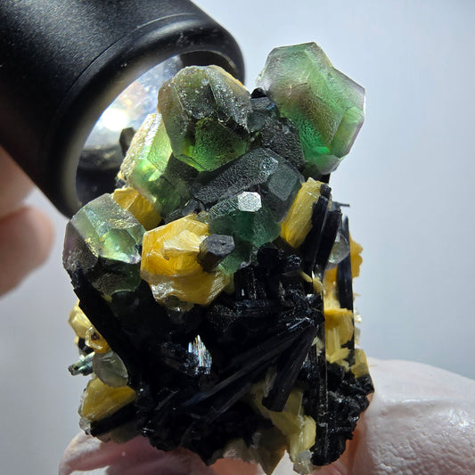 Phantom Fluorit, hexagonal, Schörl Turmalin, Muskovit, Hyalit Erongo, Namibia 46*32*31mm