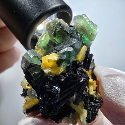 Phantom Fluorit, hexagonal, Schörl Turmalin, Muskovit, Hyalit Erongo, Namibia 46*32*31mm