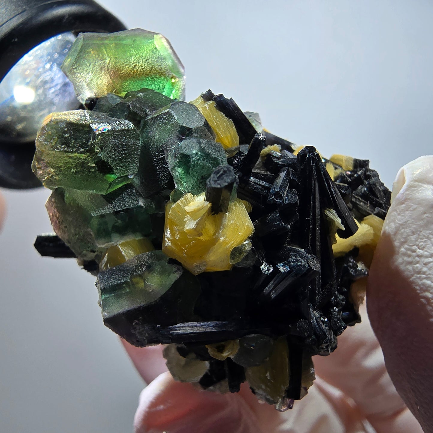 Phantom Fluorit, hexagonal, Schörl Turmalin, Muskovit, Hyalit Erongo, Namibia 46*32*31mm