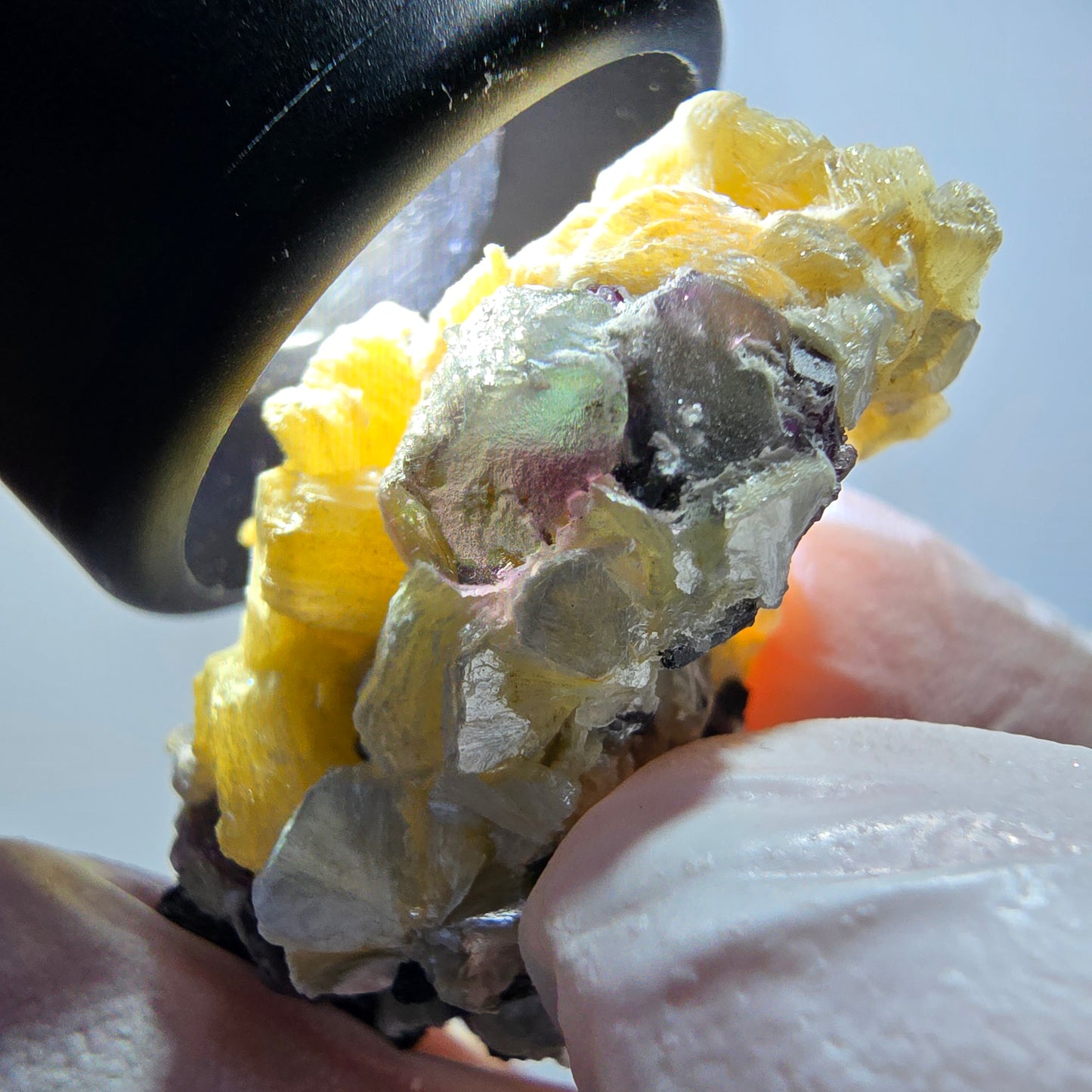 Phantom Fluorit, hexagonal, Schörl Turmalin, Muskovit, Hyalit Erongo, Namibia 35*23*18mm