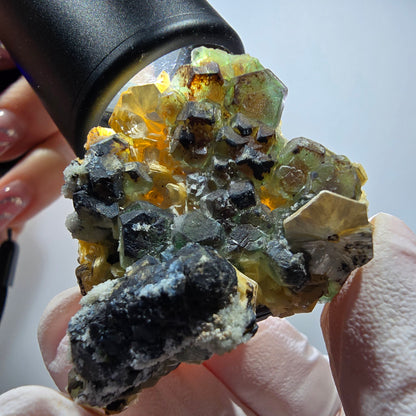 Phantom Fluorit, hexagonal, Schörl Turmalin, Muskovit, Hyalit Erongo, Namibia 44*37*27mm