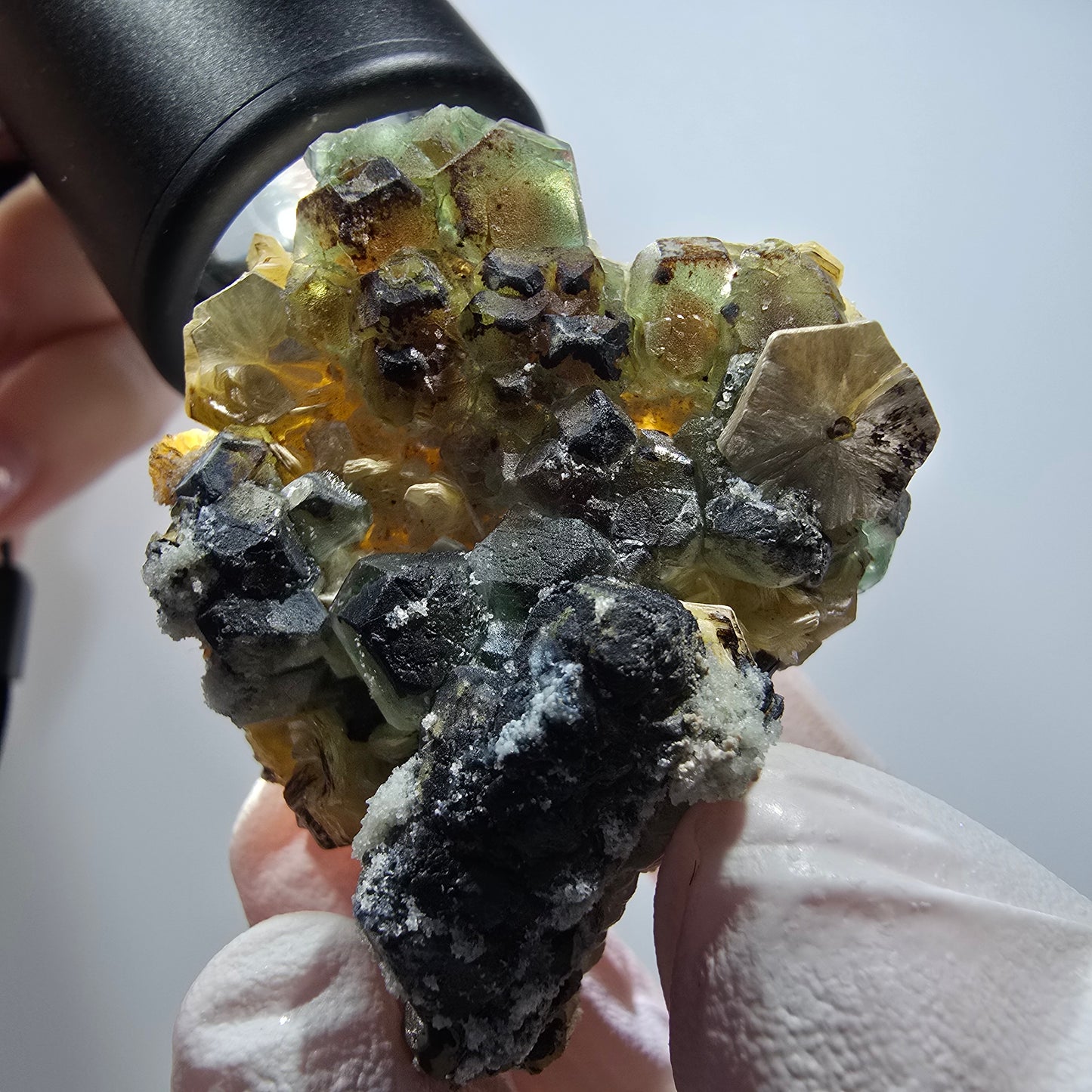 Phantom Fluorit, hexagonal, Schörl Turmalin, Muskovit, Hyalit Erongo, Namibia 44*37*27mm