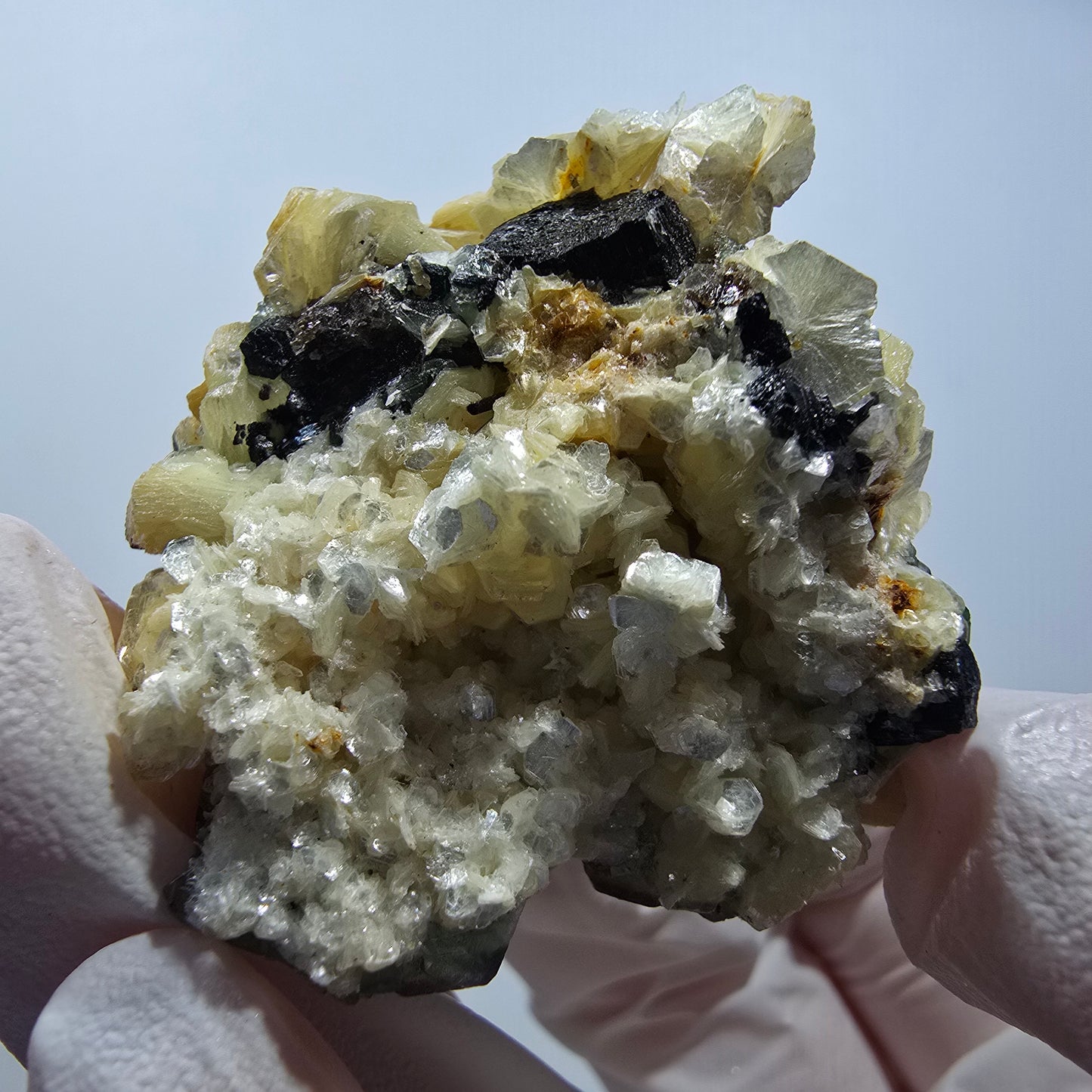 Phantom Fluorit, hexagonal, Schörl Turmalin, Muskovit, Hyalit Erongo, Namibia 44*37*27mm