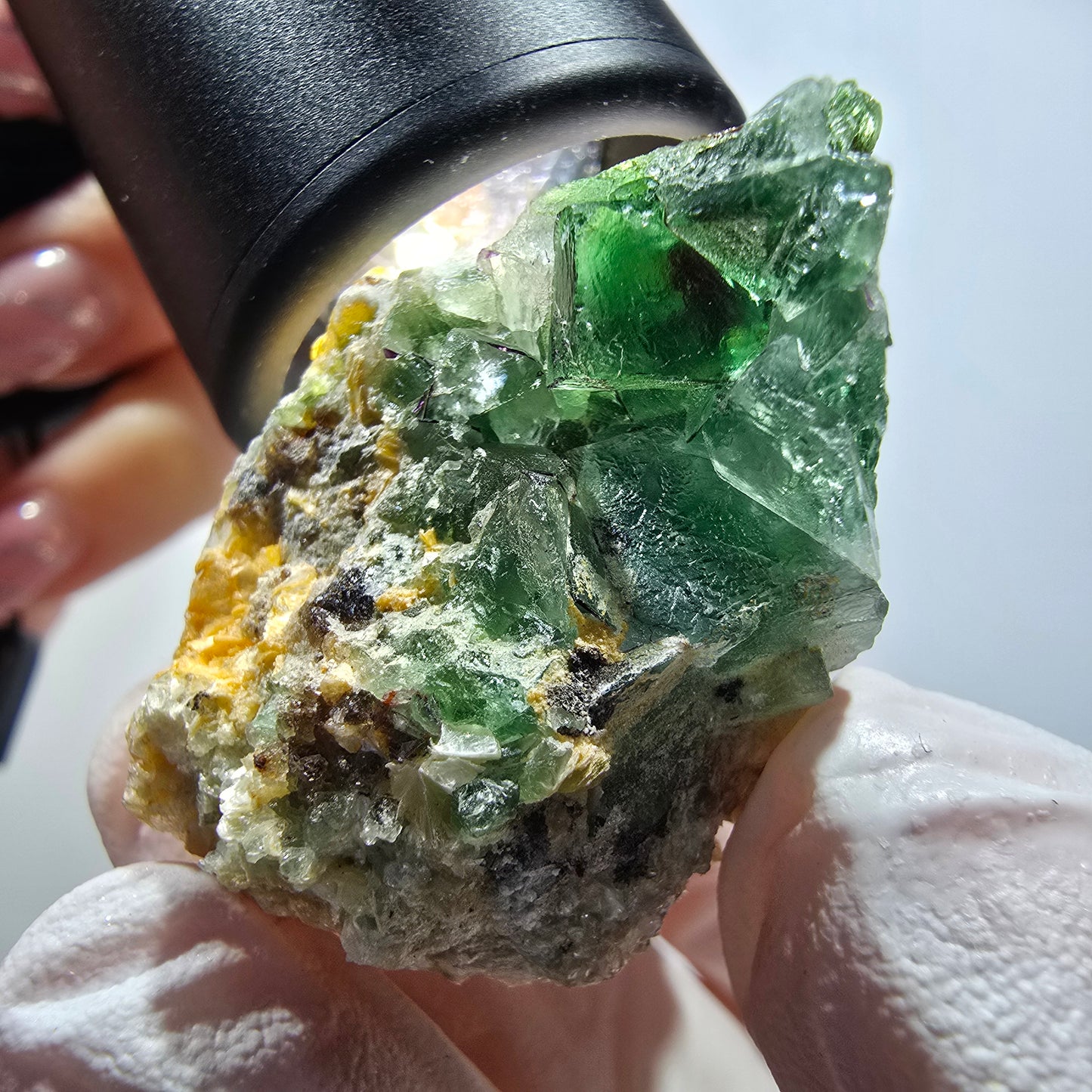 Phantom Fluorit Würfel, Muskovit, Hyalit Stufe Erongo, Namibia 36*32*24mm