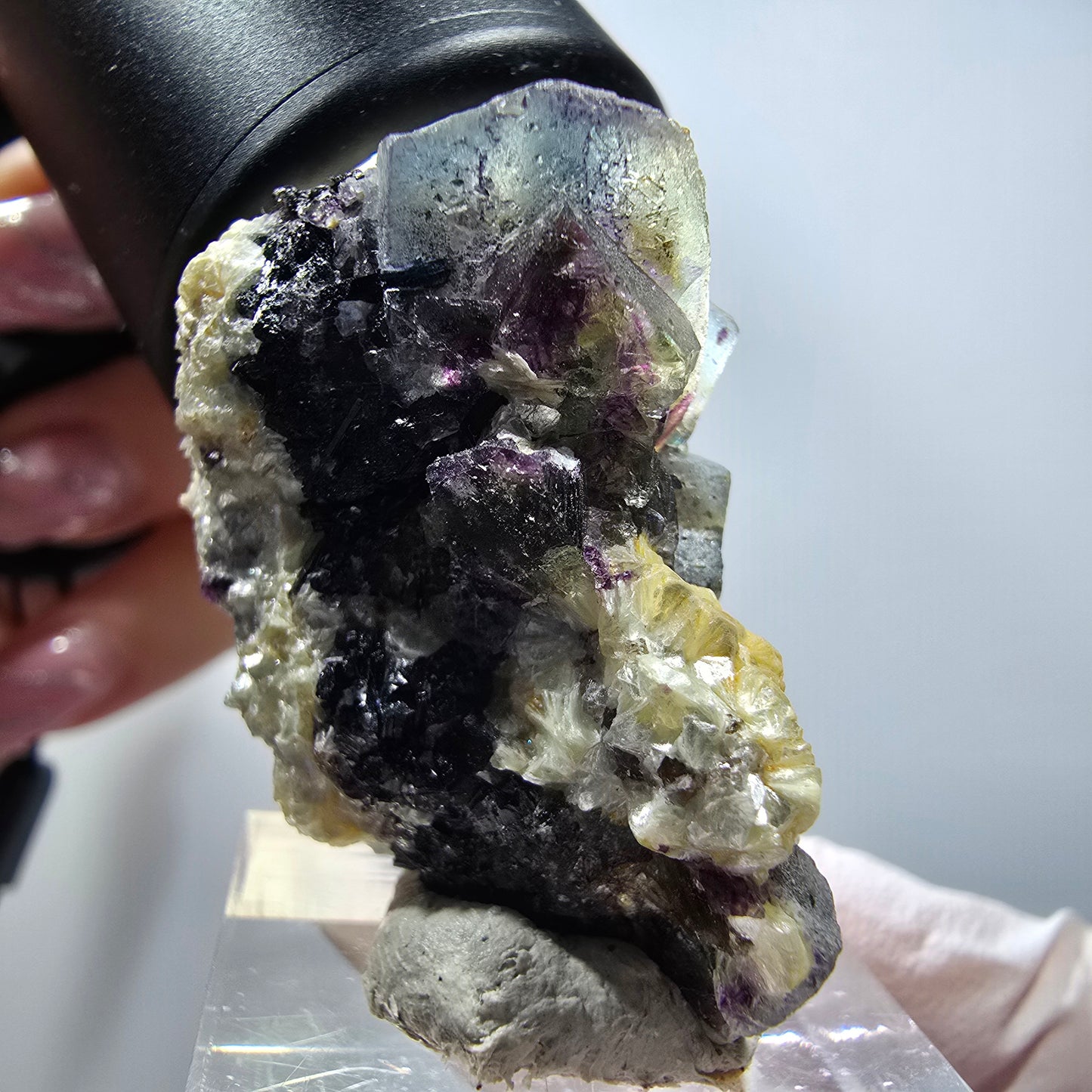 Bunte Phantom Fluorit, Schörl Turmalin, Muskovit, Hyalit Erongo, Namibia 37*28*20mm