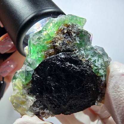 Phantom Fluorit, Schörl Turmalin, Muskovit Stufe Erongo, Namibia 40*35*36mm