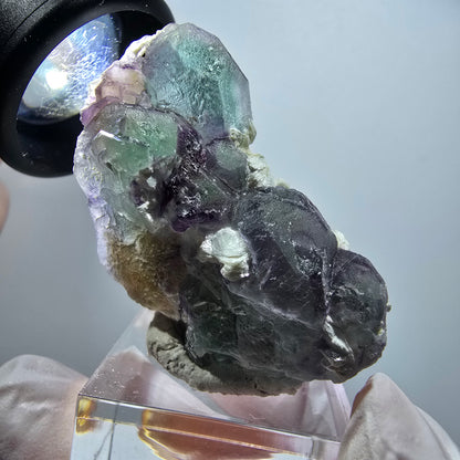 Phantom Fluorit Würfel, hexagonal, Muskovit Stufe Erongo, Namibia 48*27*20mm