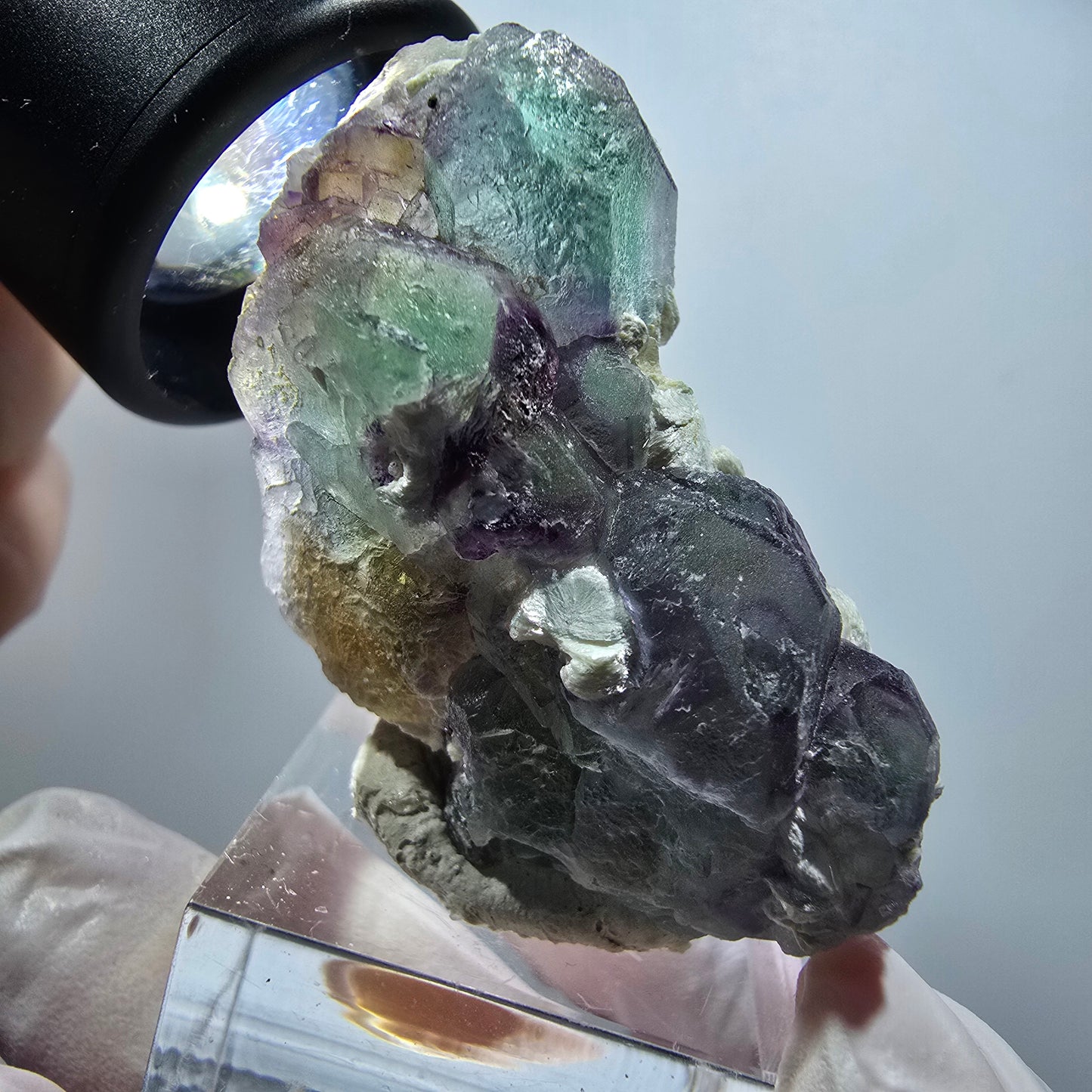 Phantom Fluorit Würfel, hexagonal, Muskovit Stufe Erongo, Namibia 48*27*20mm