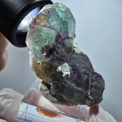 Phantom Fluorit Würfel, hexagonal, Muskovit Stufe Erongo, Namibia 48*27*20mm