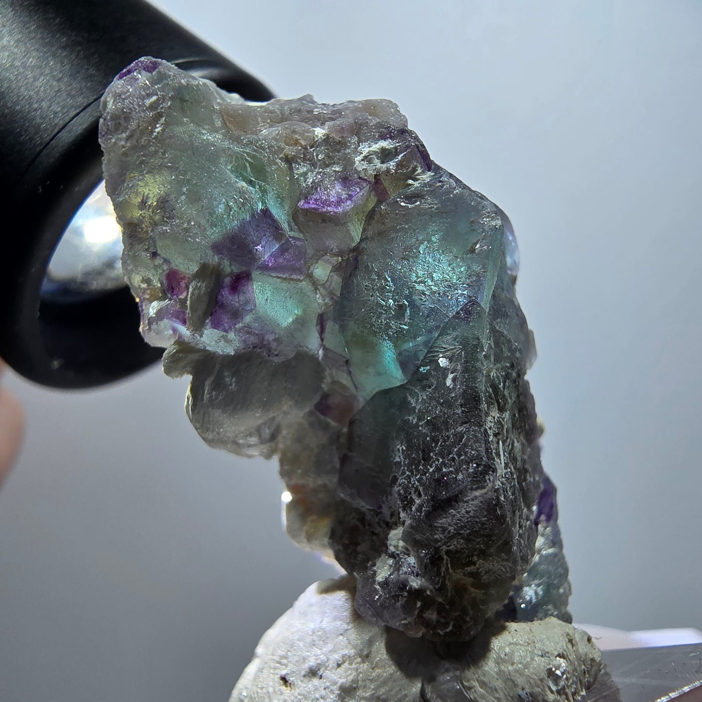 Phantom Fluorit Würfel, hexagonal, Muskovit Stufe Erongo, Namibia 48*27*20mm
