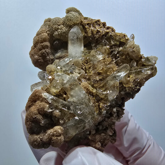 Seltene Rauchquarz DT, Prehnit Stufe Goboboseb, Namibia 66*49*35mm