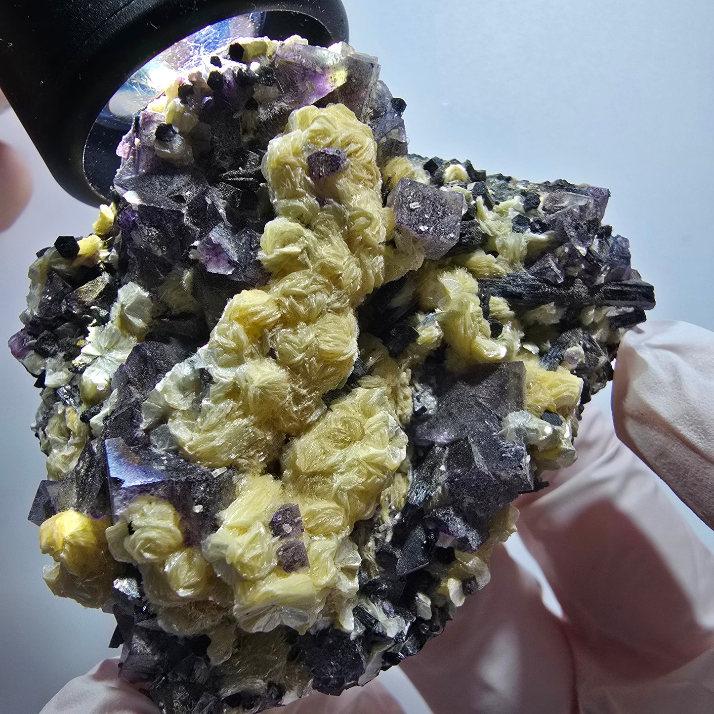 Spécimen de fluorite fantôme colorée, tourmaline schorl et muscovite d'Erongo, Namibie, 62 x 54 x 31 mm 