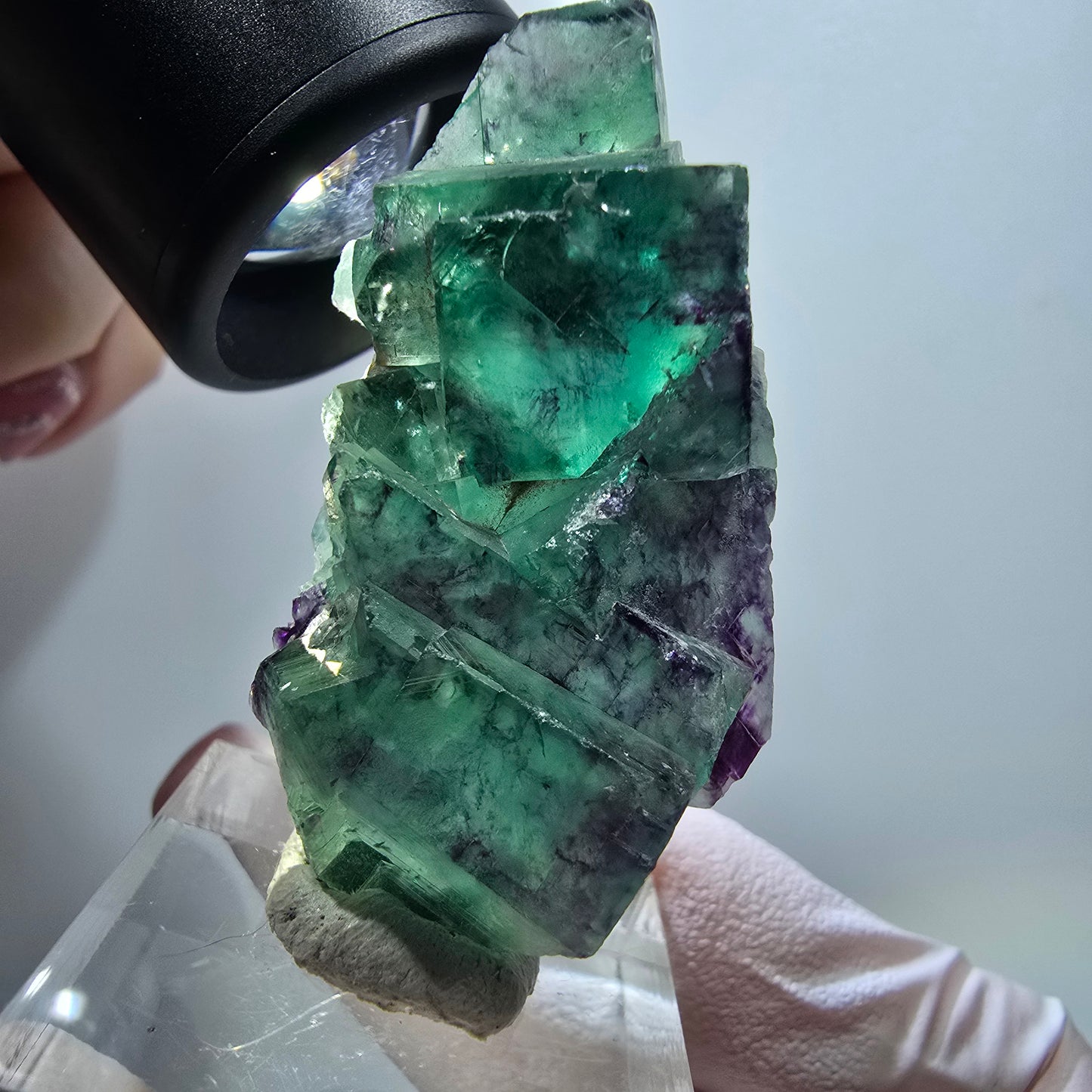Spécimen cubique de fluorite fantôme transparente, vert-violet Okorusu, Namibie 46*27*15mm #11800 