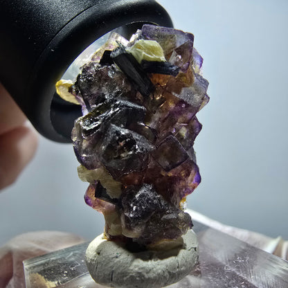 Spécimen de fluorite fantôme colorée, muscovite, hyalite, tourmaline schorl, Erongo, Namibie 31*21*15mm #11817 