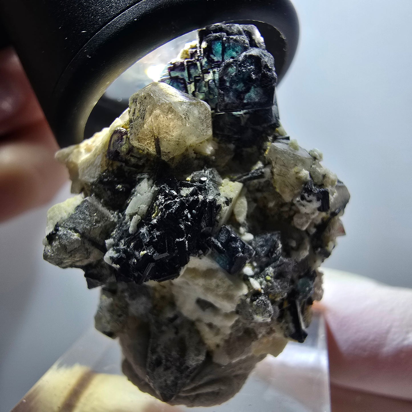 Fluorite fantôme, muscovite, hyalite, tourmaline Schörl, quartz fumé, Erongo, Namibie 35*29*21mm #11822 