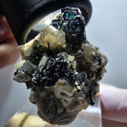Fluorite fantôme, muscovite, hyalite, tourmaline Schörl, quartz fumé, Erongo, Namibie 35*29*21mm #11822 
