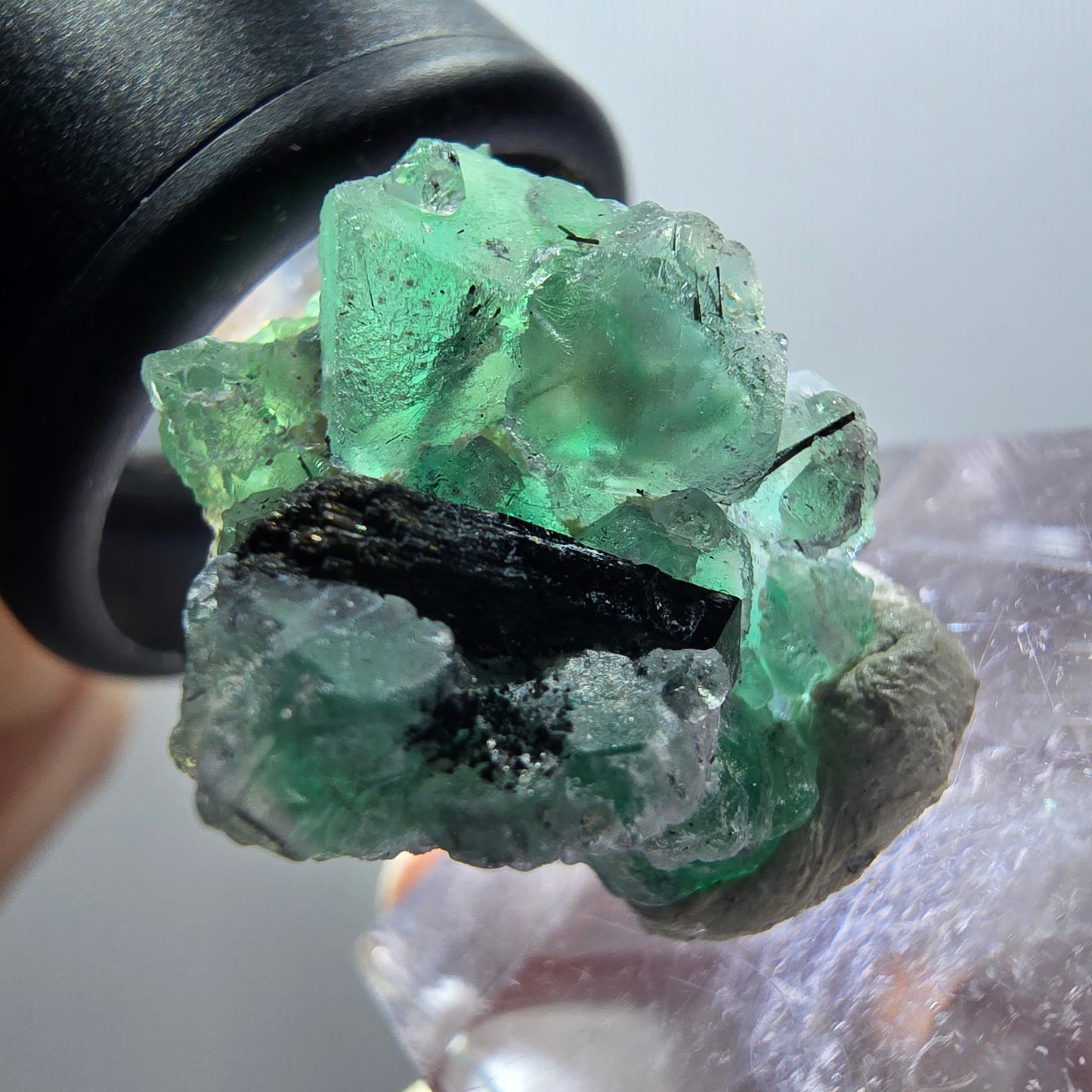 Spécimen de fluorite fantôme et de tourmaline schorl, Erongo, Namibie, 21 x 17 x 19 mm, n° 11930 
