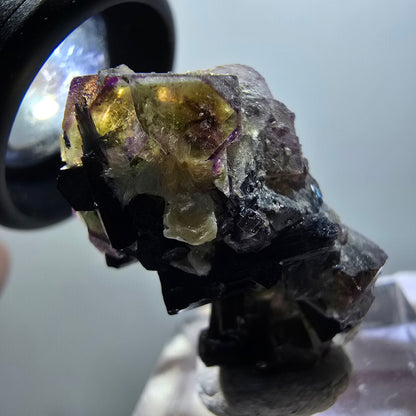 Spécimen de fluorite fantôme colorée, tourmaline schorl, muscovite, hyalite, Erongo, Namibie 31*22*17mm #11948 