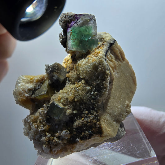Phantom Fluorit, Hyalit, Schörl Turmalin, Orthoklas Stufe Erongo, Namibia 37*28*28mm #11958
