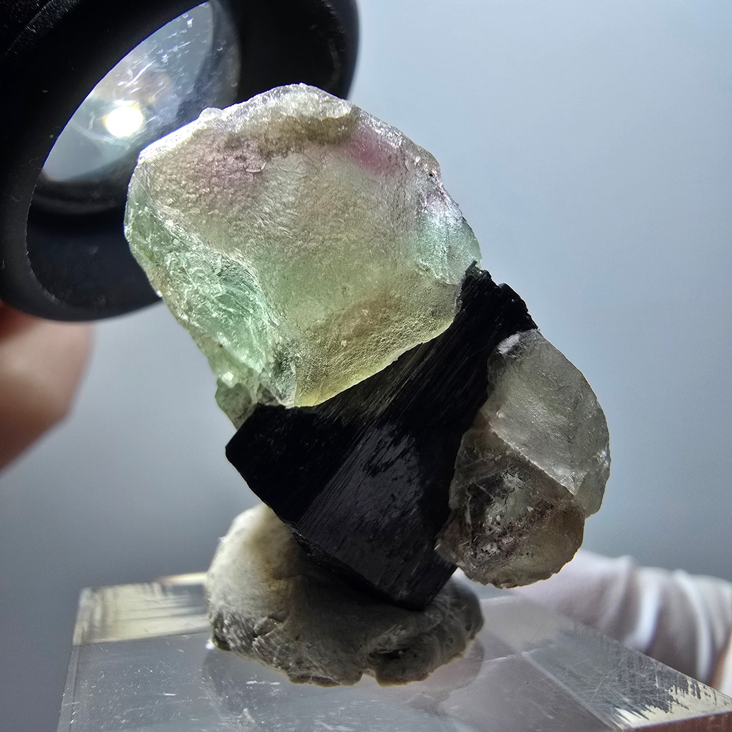 Fluorite fantôme, Hyalite, Schörl Tourmaline Stage Erongo, Namibie 31*24*18mm #11960 