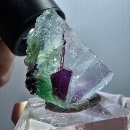 Fluorite fantôme transparente, hyalite, tourmaline Schörl Stage Erongo, Namibie 34*25*14mm #11961 