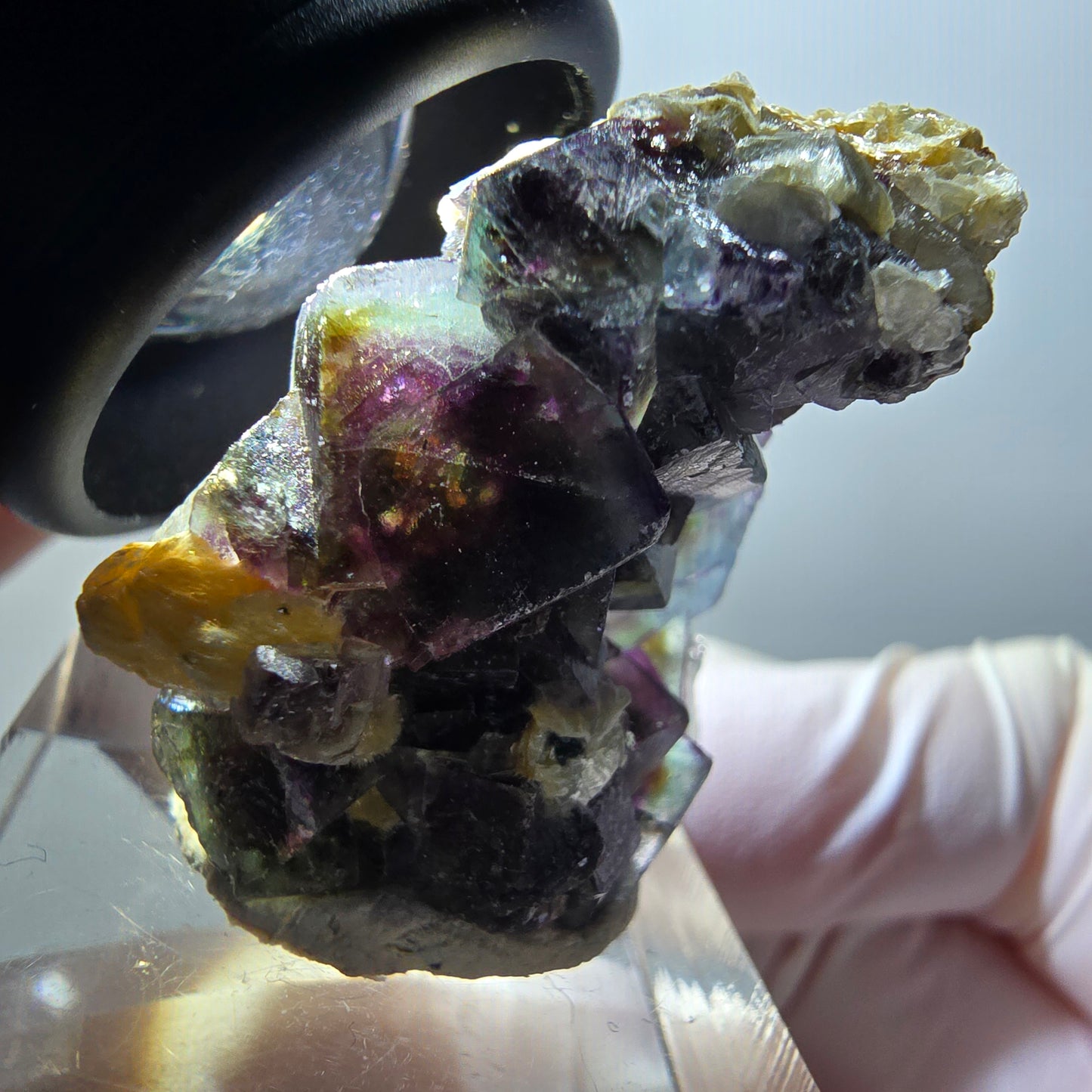Spécimen de fluorite fantôme colorée, muscovite, hyalite, Erongo, Namibie 35*25*20mm #11964 