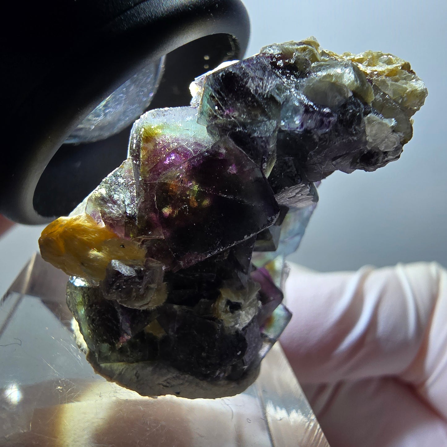Spécimen de fluorite fantôme colorée, muscovite, hyalite, Erongo, Namibie 35*25*20mm #11964 