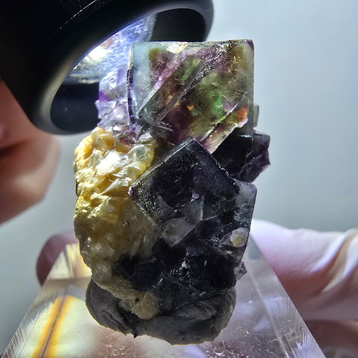 Spécimen de fluorite fantôme colorée, muscovite, hyalite, Erongo, Namibie 34*26*22mm #11965 