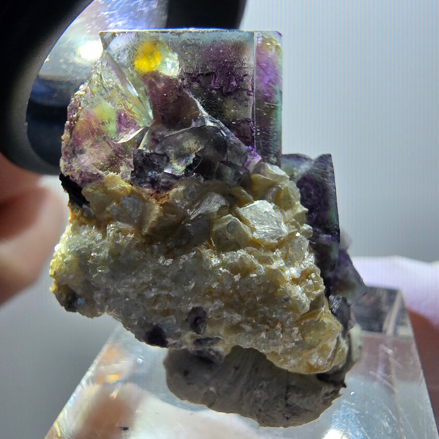 Spécimen de fluorite fantôme colorée, muscovite, hyalite, Erongo, Namibie 34*26*22mm #11965 