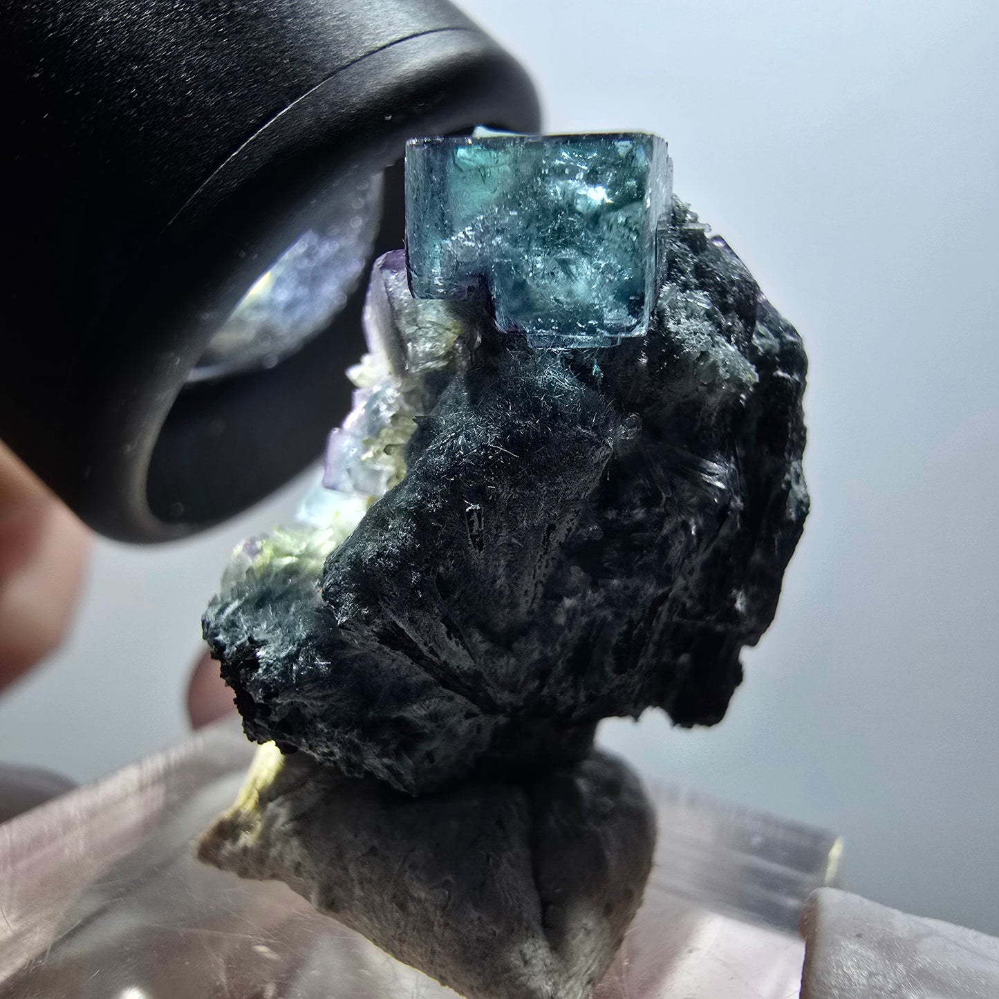 Spécimen rare de fluorite fantôme et de tourmaline schorl, Erongo, Namibie, 32 x 23 x 18 mm, n° 11995 
