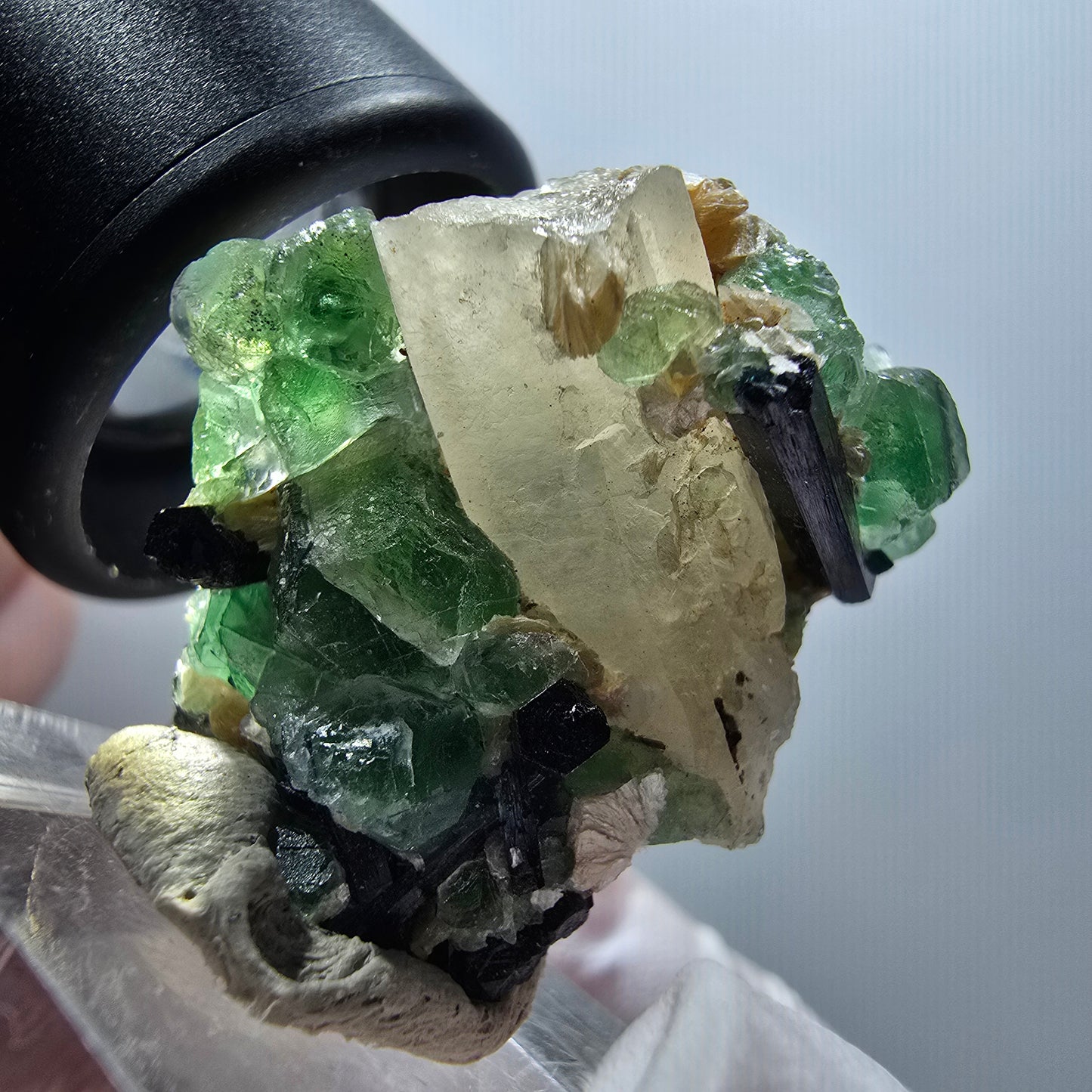Phantom Fluorite, Schörl Tourmaline, Smoky Quartz, Muscovite, Hyalite Erongo, Namibia 33*26*19mm #11999 
