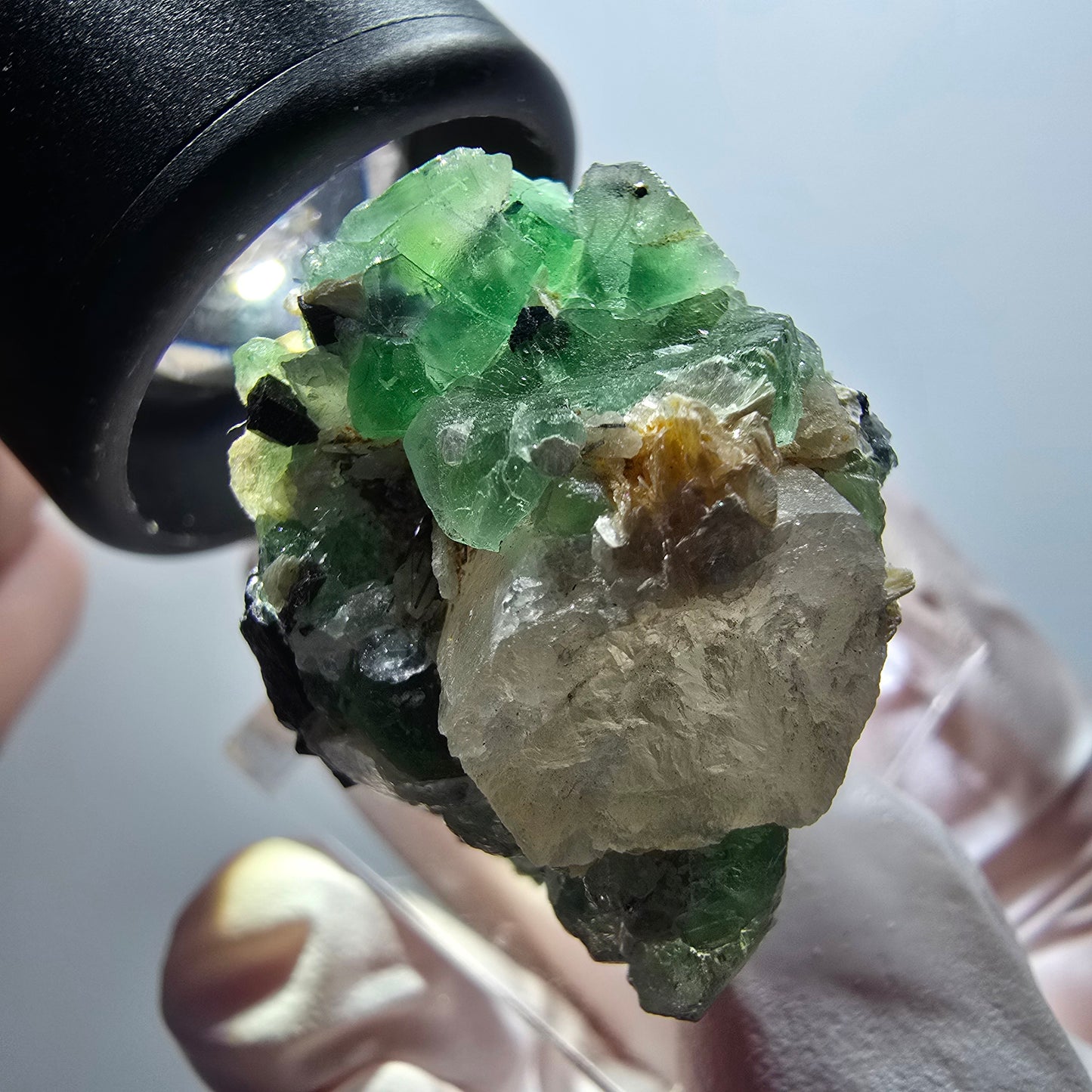 Phantom Fluorite, Schörl Tourmaline, Smoky Quartz, Muscovite, Hyalite Erongo, Namibia 33*26*19mm #11999 