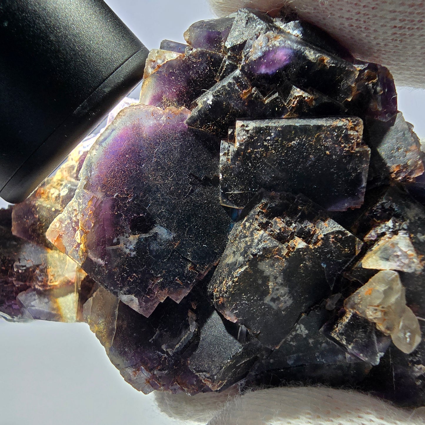 Spécimen de cube de fluorite fantôme, violet, rouge et bleu, Okorusu, Namibie, 91 x 58 x 22 mm 
