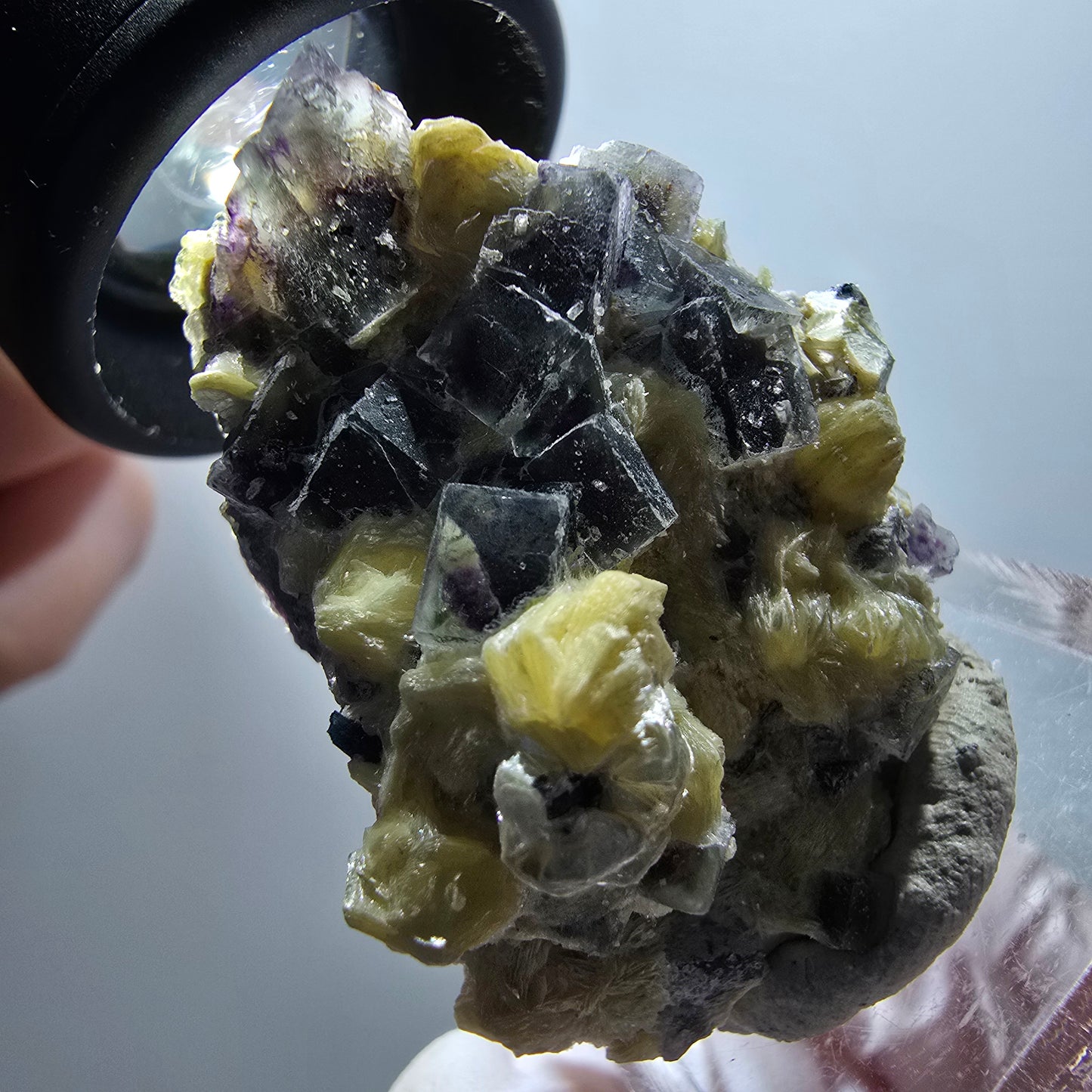 Bunte Phantom Fluorit, Schörl Turmalin, Muskovit, Hyalit Stufe Erongo, Namibia 37*27*21mm #12001