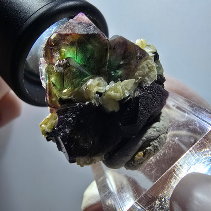 Bunte Phantom Fluorit, Schörl Turmalin, Muskovit, Hyalit Stufe Erongo, Namibia 32*28*21mm #12035