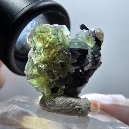 Phantom Fluorit, Schörl Turmalin, Muskovit Stufe Erongo, Namibia 23*23*15mm #12041