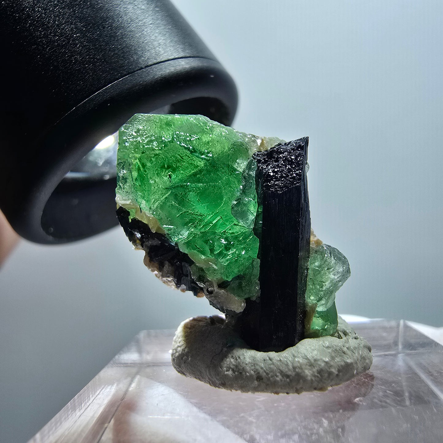 Fluorite fantôme, tourmaline Schörl, muscovite Stage Erongo, Namibie 24*12*15mm #12045 