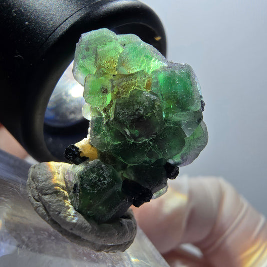 Phantom Fluorit, Schörl Turmalin, Muskovit Stufe Erongo, Namibia 25*16*18mn #12063