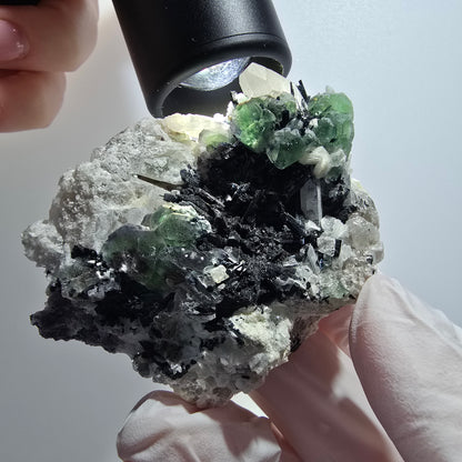 Fluorite fantôme, tourmaline Schörl, quartz fumé, muscovite, Erongo, Namibie 63*50*24mm #12112 