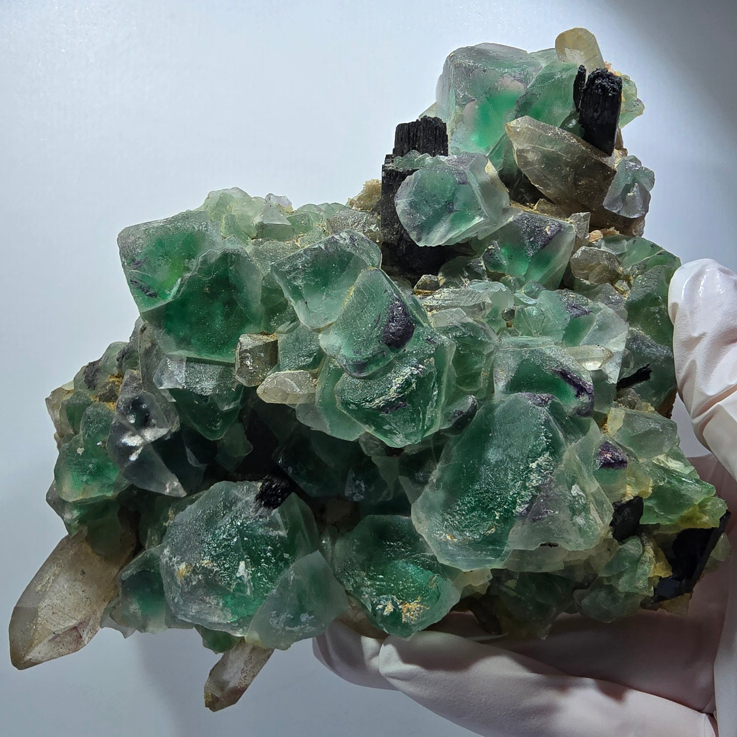 Fluorite fantôme XL, quartz fumé, tourmaline Schörl, hyalite Erongo, Namibie 170*122*53mm #12164 