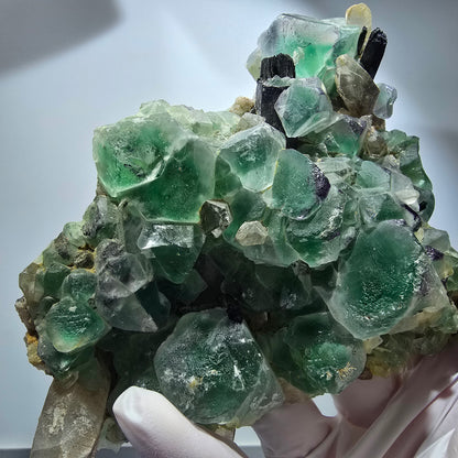 Fluorite fantôme XL, quartz fumé, tourmaline Schörl, hyalite Erongo, Namibie 170*122*53mm #12164 