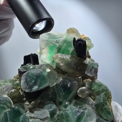 Fluorite fantôme XL, quartz fumé, tourmaline Schörl, hyalite Erongo, Namibie 170*122*53mm #12164 