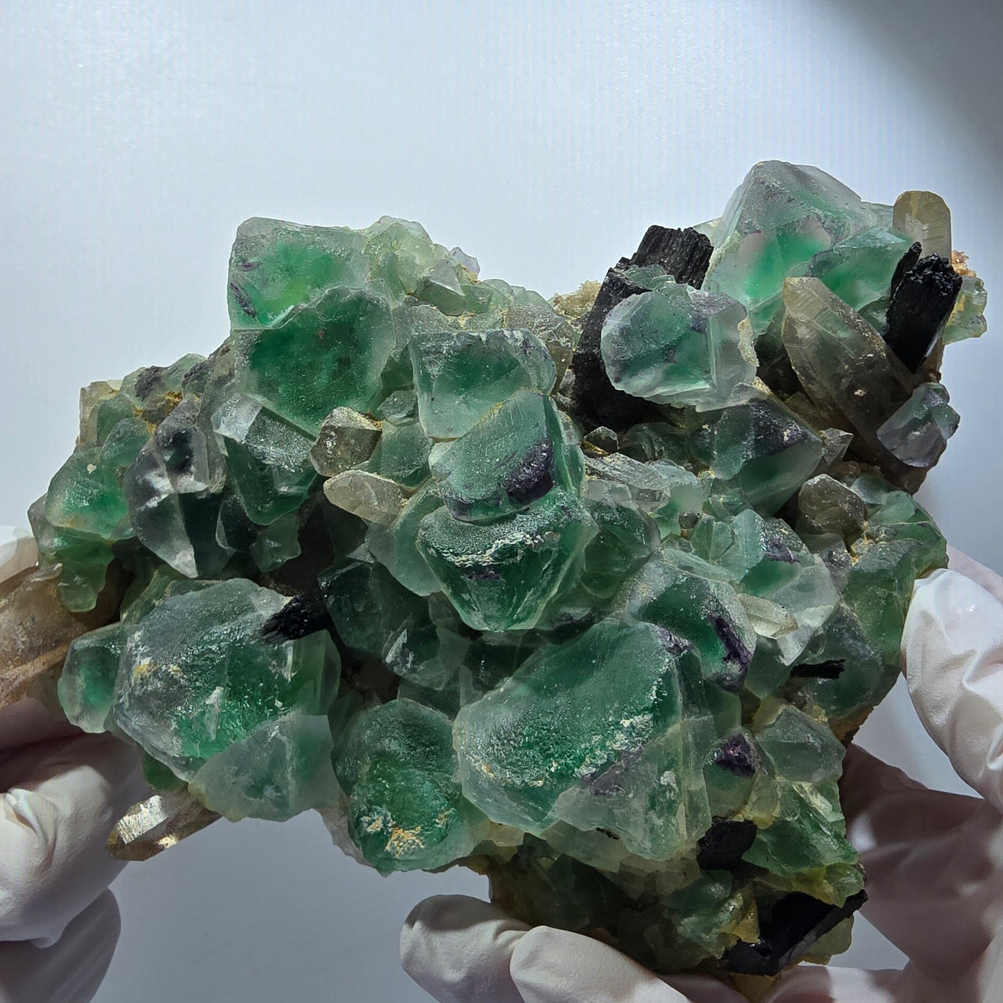 Fluorite fantôme XL, quartz fumé, tourmaline Schörl, hyalite Erongo, Namibie 170*122*53mm #12164 
