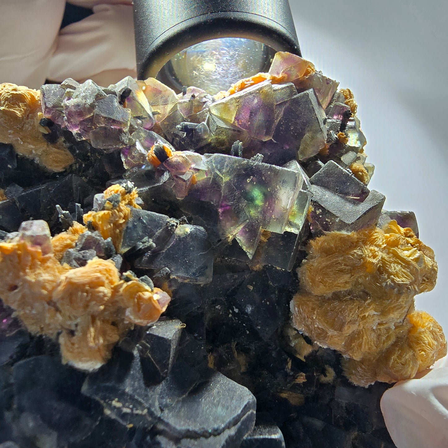 Bunte Phantom Fluorit, Schörl Turmalin, Muskovit, Hyalit Stufe Erongo, Namibia 115*96*35mm #12166