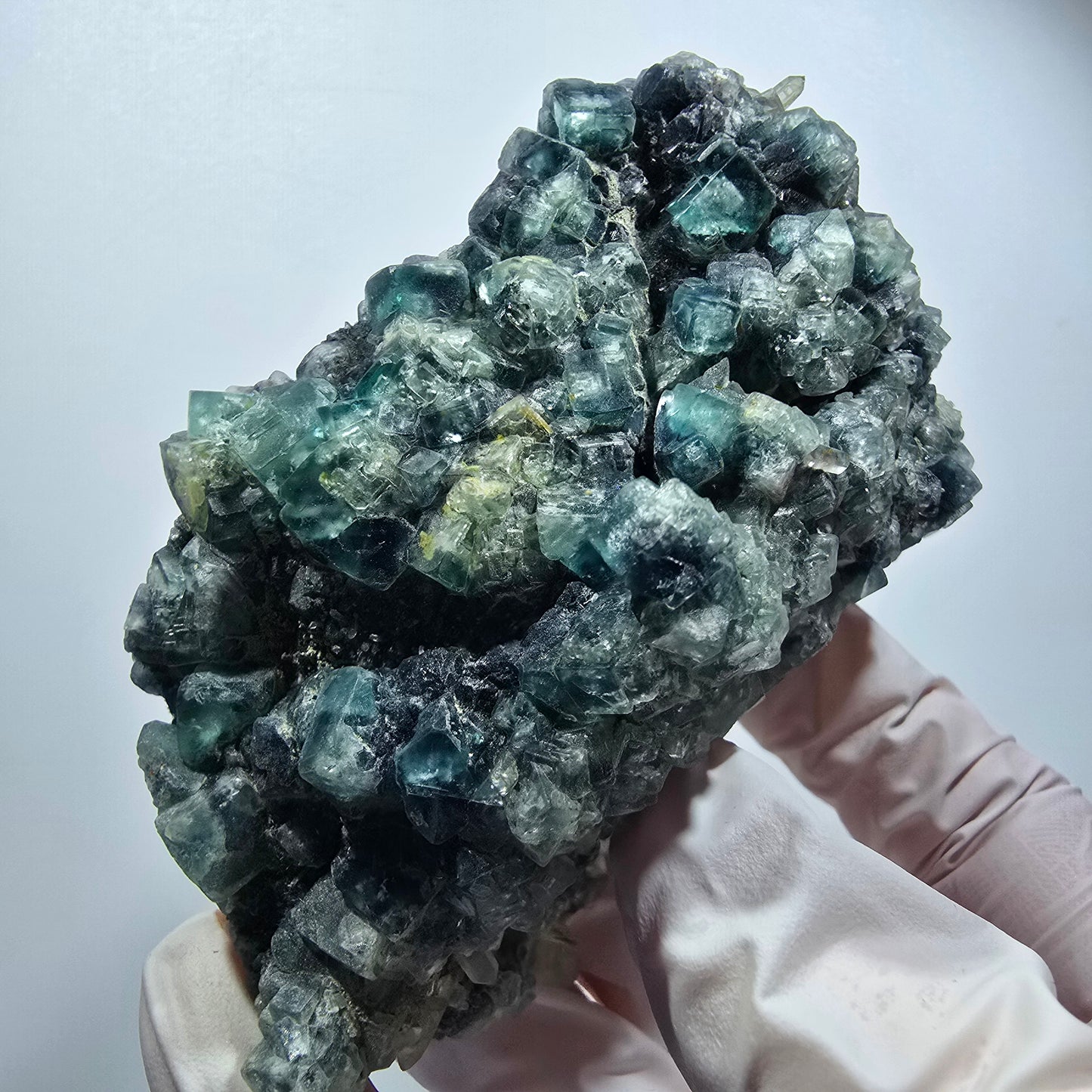 Rare cube de fluorite, vert-bleu, orthoclase, spécimen de quartz fumé, Erongo, Namibie, 87*54*52 mm #12184 