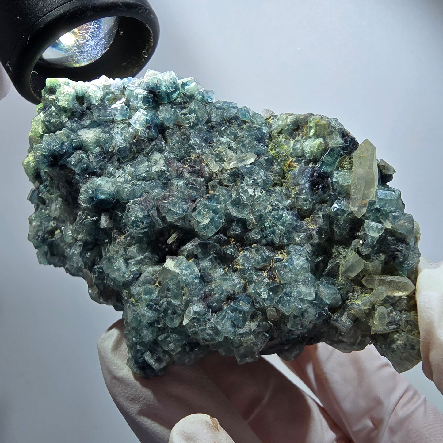 Rare cube de fluorite, vert-bleu, orthoclase, spécimen de quartz fumé, Erongo, Namibie, 87*54*52 mm #12184 