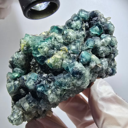 Rare cube de fluorite, vert-bleu, orthoclase, spécimen de quartz fumé, Erongo, Namibie, 87*54*52 mm #12184 