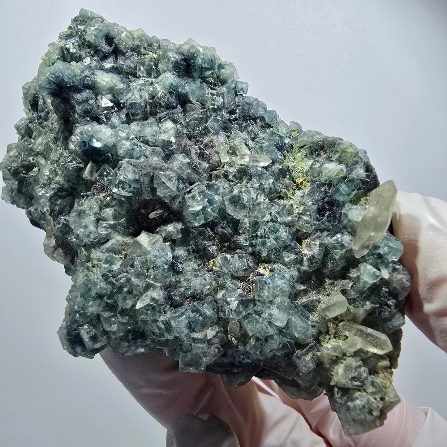Rare cube de fluorite, vert-bleu, orthoclase, spécimen de quartz fumé, Erongo, Namibie, 87*54*52 mm #12184 