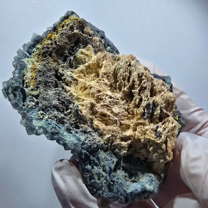 Rare cube de fluorite, vert-bleu, orthoclase, spécimen de quartz fumé, Erongo, Namibie, 87*54*52 mm #12184 